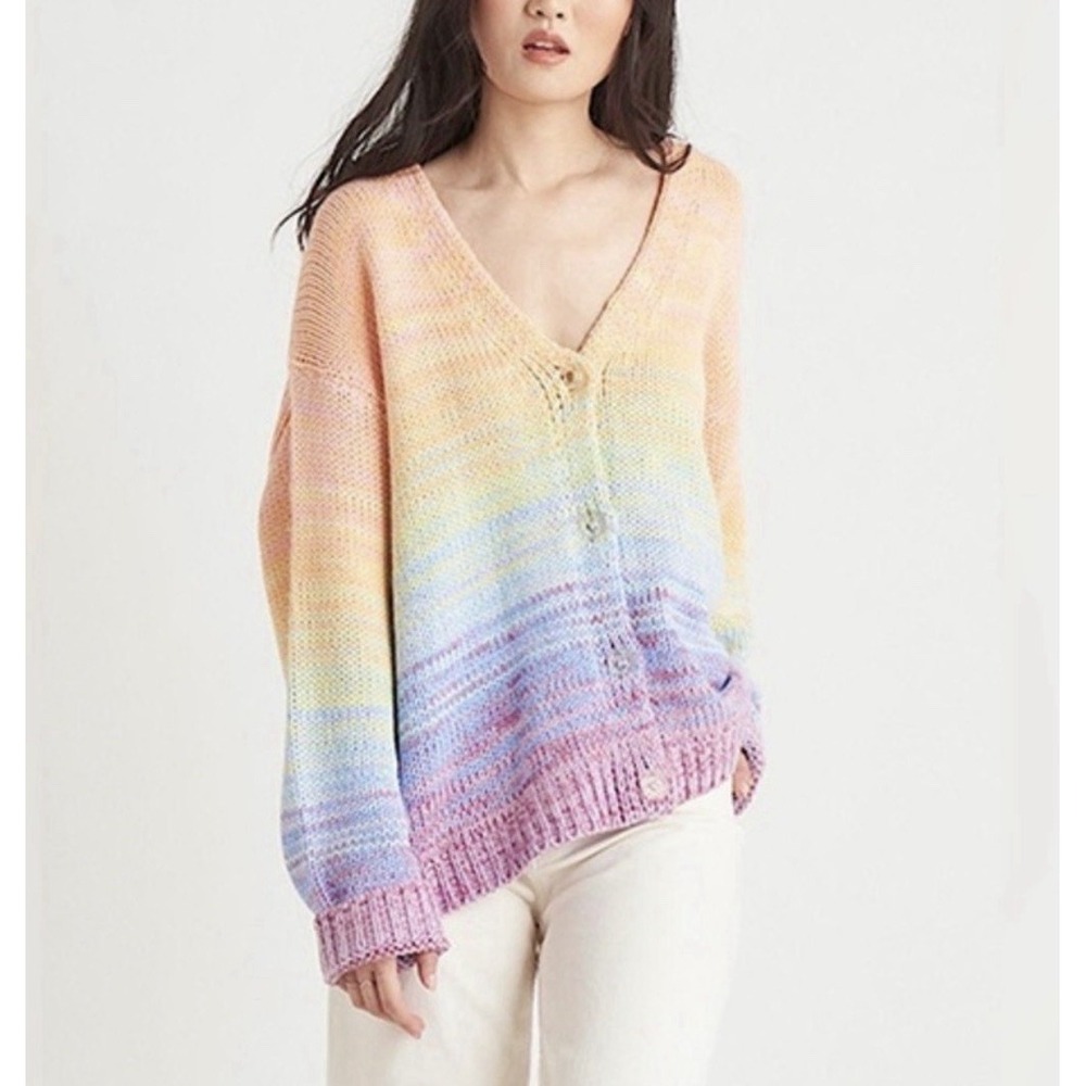 Aqua Pastel Rainbow Ombre Soft Knit Cardigan M Y2K Fairycore Coquette Colorful - Picture 2 of 7